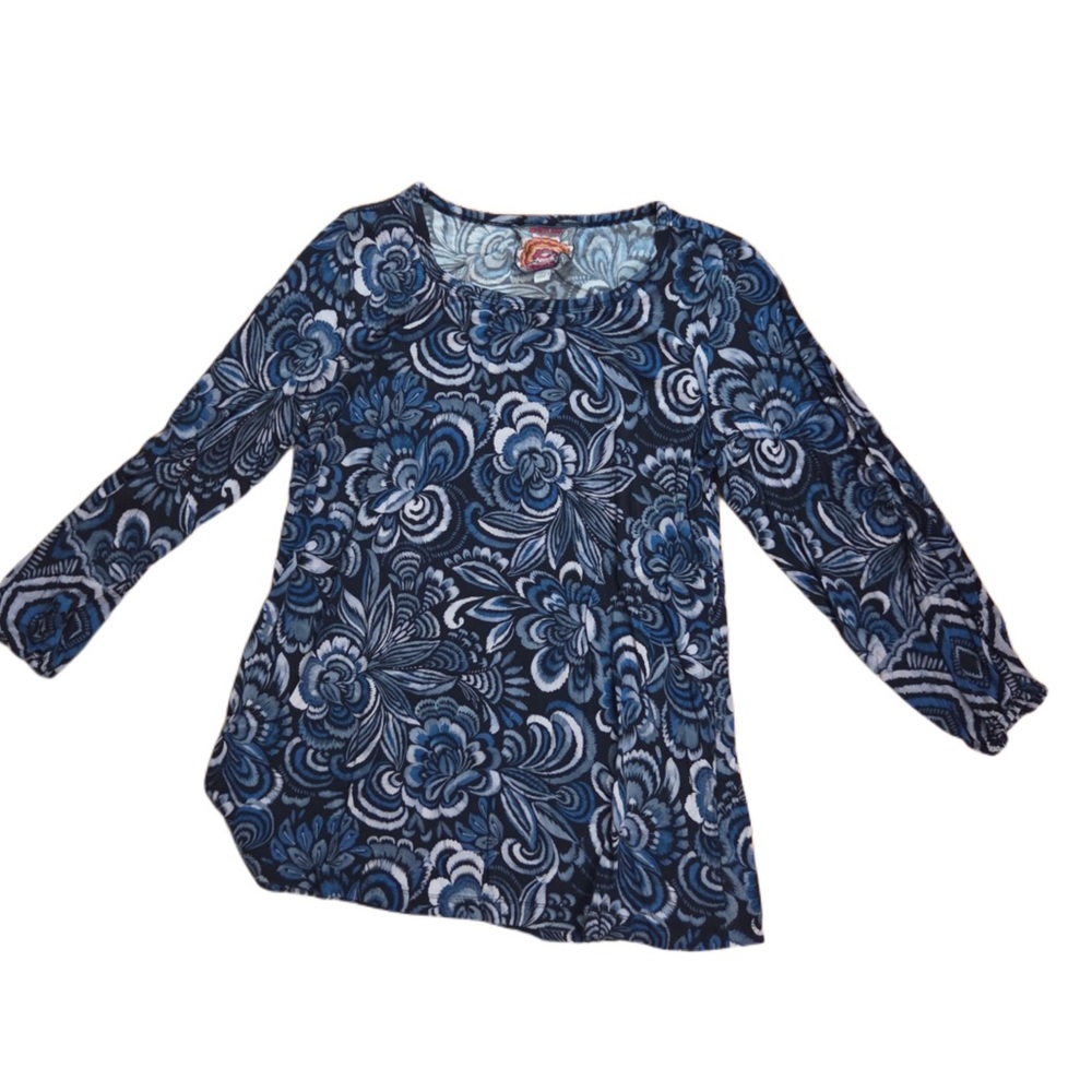 Johnny Was Navy & Light Blue Floral Long Sleeve Scoop Neck Top